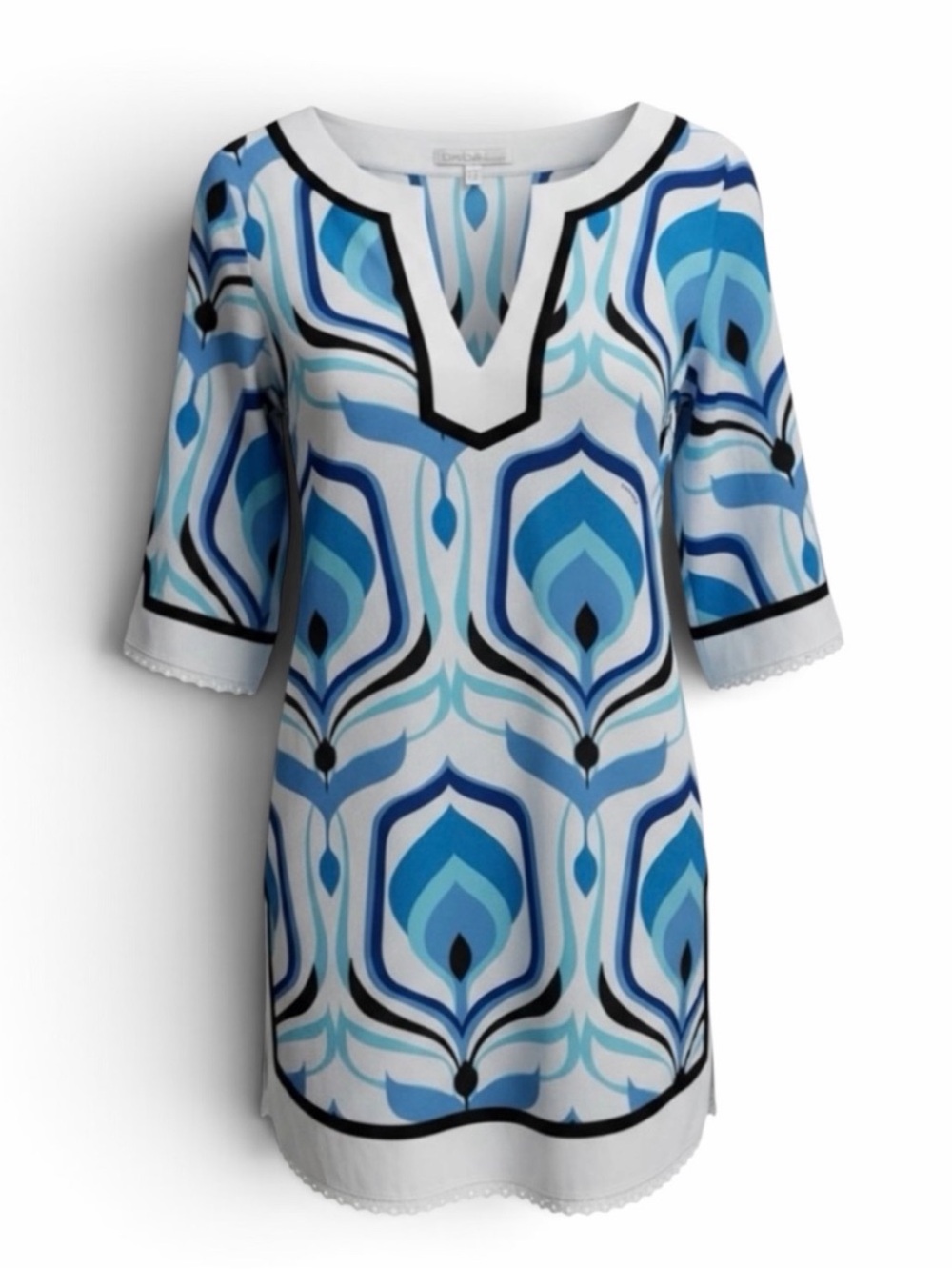 Bebe Blue & White Abstract Print V‑Neck 3/4 Sleeve Tie Back Cotton Top Size Smal